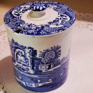 Vintage Signed Spode England Sugar Jar Canister 4", Blue Italian Transferware
